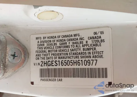 2005 Honda Civic Lx from USA, damaged, VIN 2HGES16505H610977